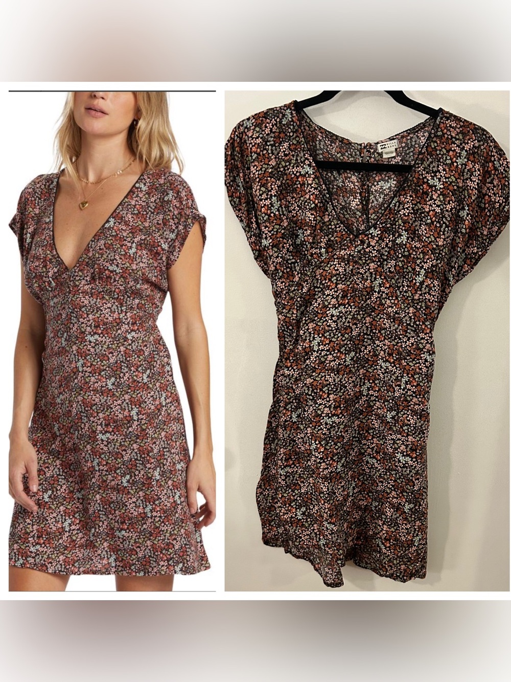 Billabong Women’s Bright Skies Button Front VNeck Crepe Floral Mini Dress Size M